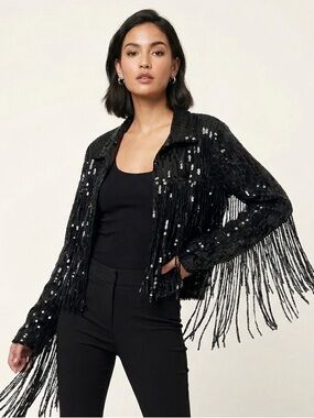 Blue Buttercup Sequin Fringe Jacket Black Size Small Statement Festival Western